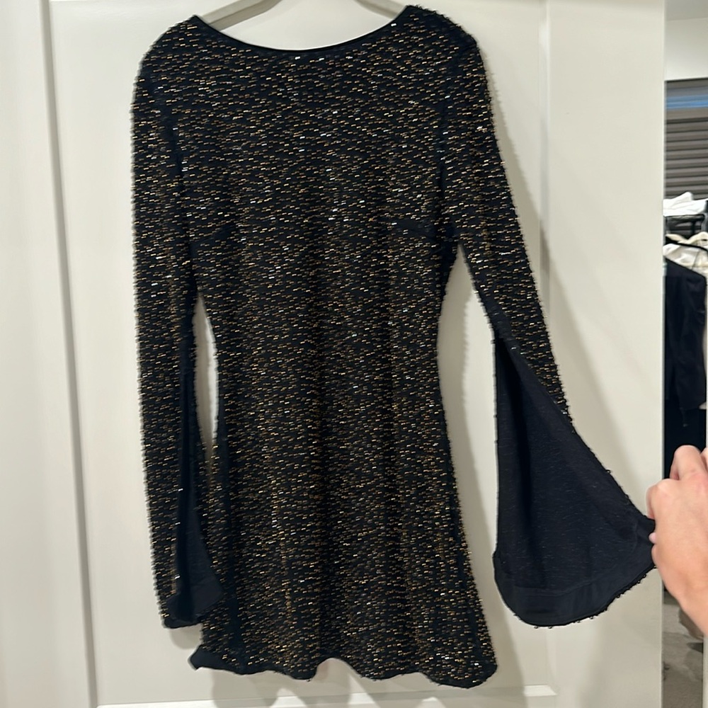 Nbd black gold beaded dress, backless with split sleeves